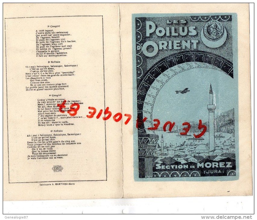 39 - MOREZ JURA - RARE MENU LES POILUS D' ORIENT-BANQUET 1934- CENTRAL MODERN HOTEL- SALONIQUE -GUERRE 1914-1918 - Menus