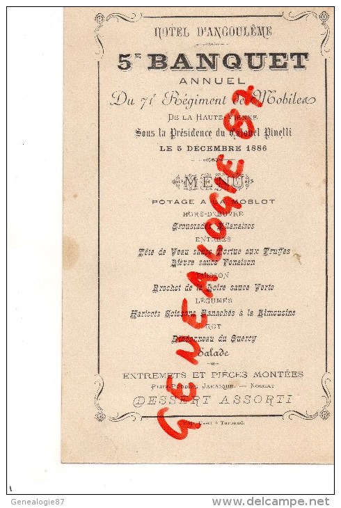 87 - LIMOGES - RARE MENU 5E BANQUET ANNUEL DU 71E REGIMENT DE MOBILES HAUTE VIENNE-HOTEL ANGOULEME- COLONEL PINELLI-1886 - Menú