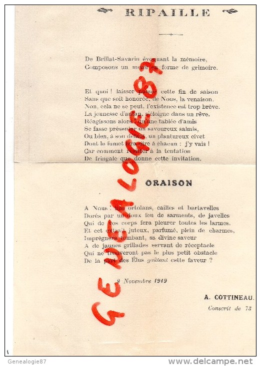 MENU  MILITAIRE - GUERRE 1914-1918 - PANTAGRUELERIE 9 NOVEMBRE 1919- A. COTTINEAU  CONSCRIT DE 75 - Menus