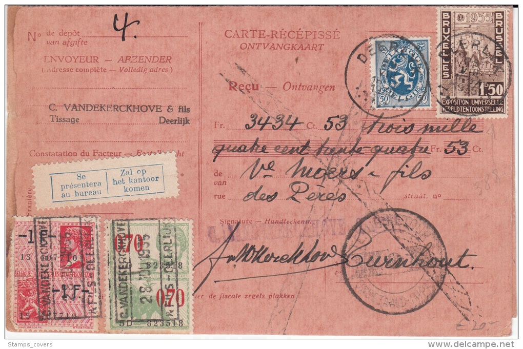 BELGIUM CARTE-RECIPISSE 02/09/1935 COB 285 &amp; 388 + 2 TIMBRES FISCAUX DEERLIJK - Documentos