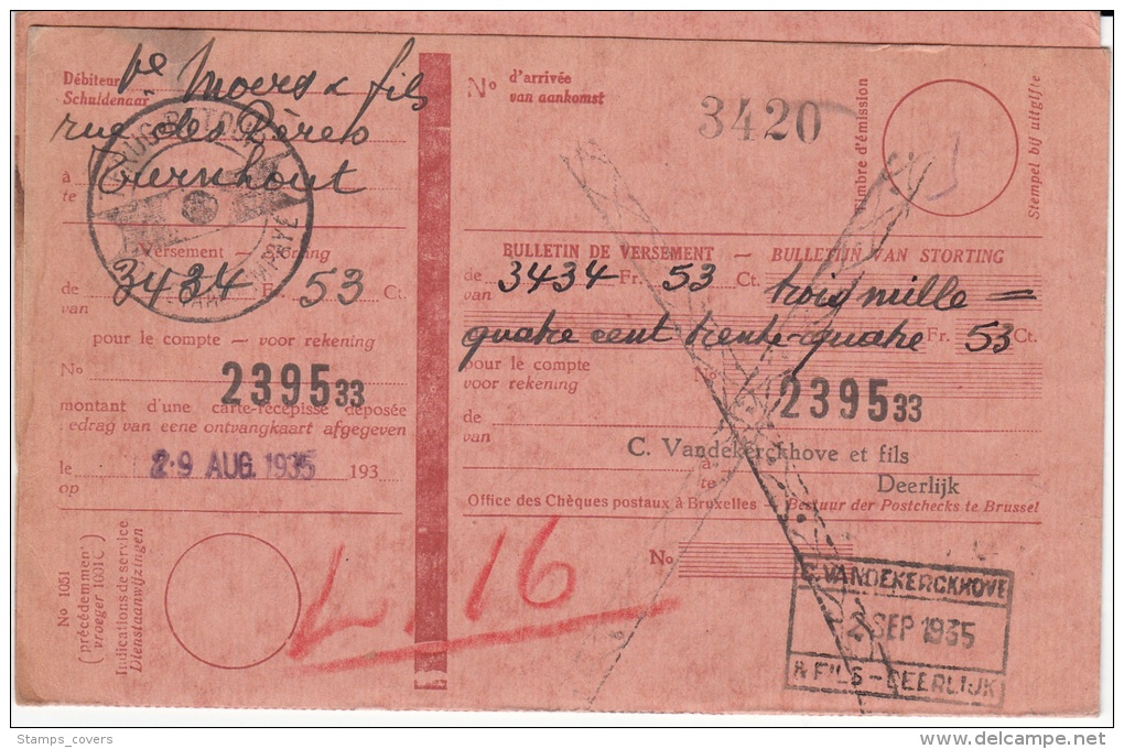 BELGIUM CARTE-RECIPISSE 02/09/1935 COB 285 &amp; 388 + 2 TIMBRES FISCAUX DEERLIJK - Documentos
