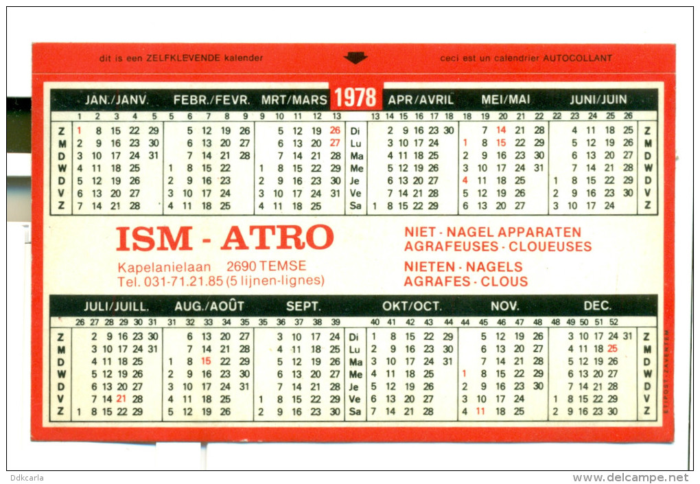 Kleine Kalender 1978 - ISM-ATRO Temse - Op Autocollant/ Op Sticker - Tamaño Pequeño : 1971-80