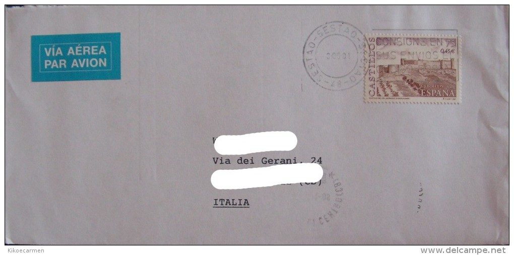 ESPANA SPAIN SPAGNA 2001 Isolated Single CASTILLOS Usado Used On Cover Complete Letter To Italy Postal History - Storia Postale