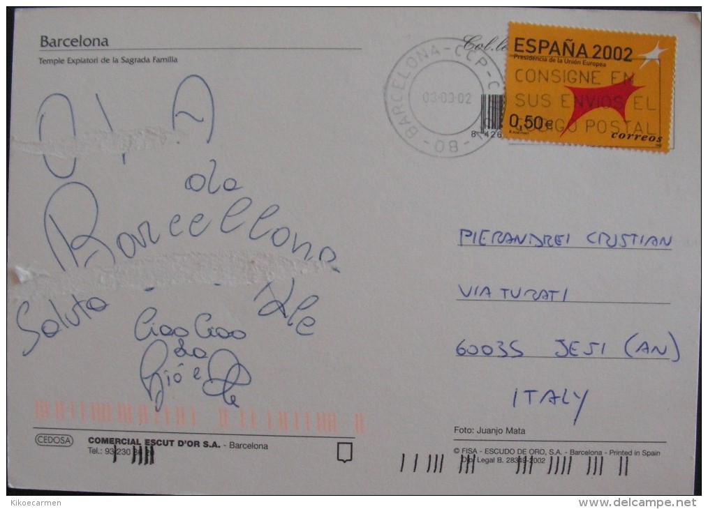 ESPANA SPAIN Isolated Single 2002 Union Europea Europe Usado Used On Cover Complete Letter To Italy - Storia Postale