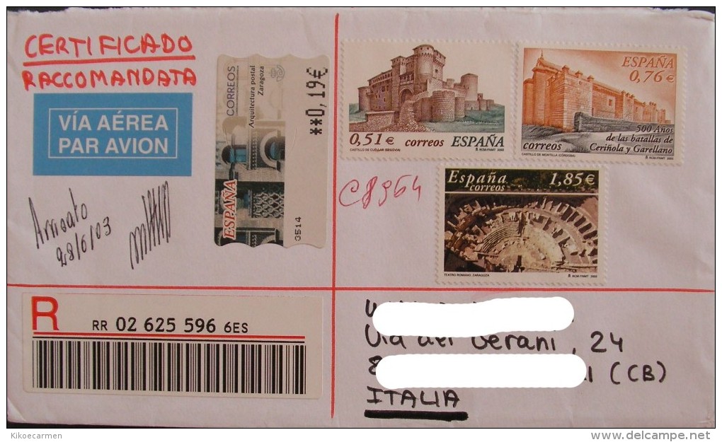 ESPANA SPAIN 2003 Unused New Ungummed Registered Certificado Usado Used On Cover Complete Letter To Italy Postal History - Storia Postale