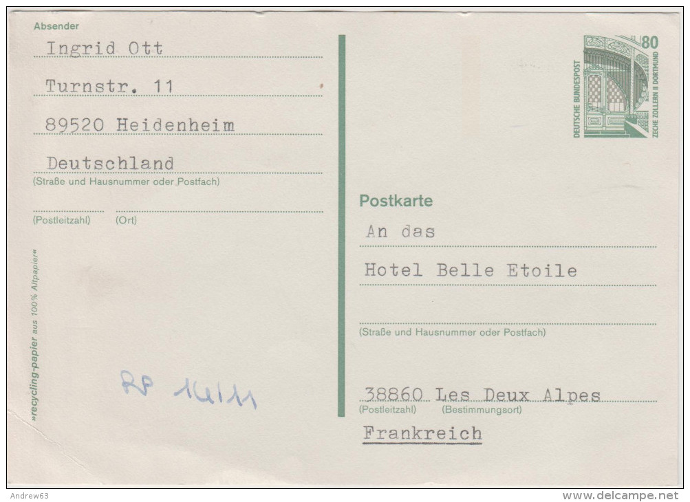 GERMANIA FEDERALE - GERMANY - ALLEMAGNE - Intero Postale - 1995 - 80 - Viaggiata Per Les Deux Alpes - Postkaarten - Gebruikt