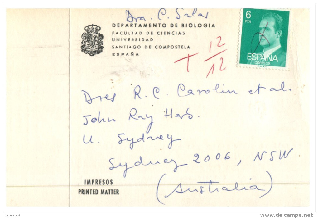 (PF 333) Spain To Australia Underpaid And Taxed Postcard - 1977 - Lettres & Documents