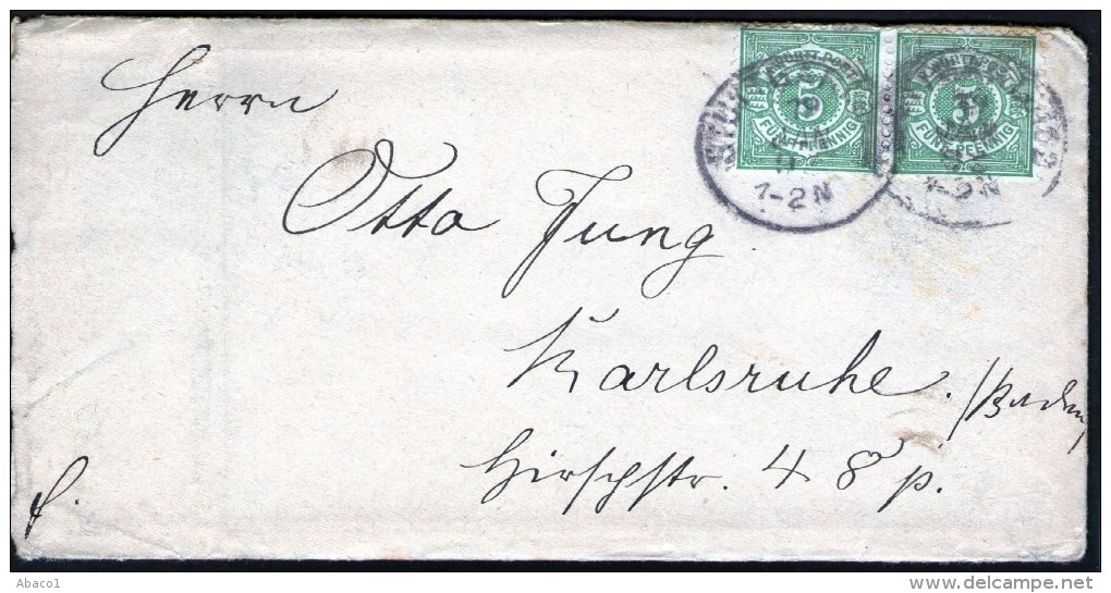 Stuttgart 19/1 92 Auf Brief Mit Paar 5 Pfg. Grün Nr. 56 Nach Karlsruhe - Cartas & Documentos