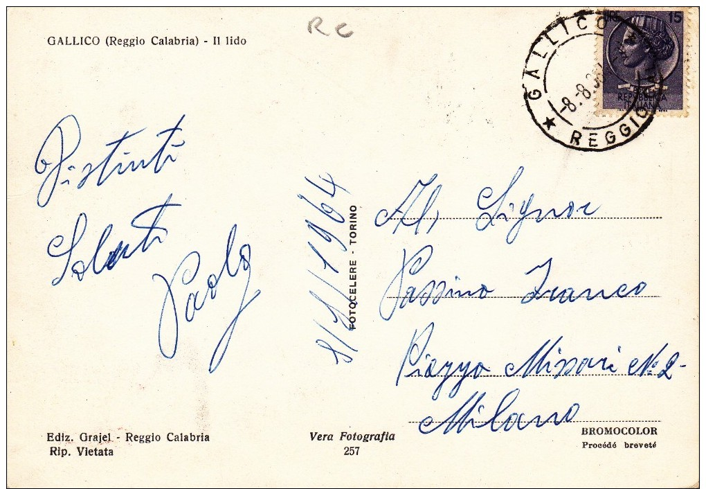 CARTOLINA D´EPOCA GALLICO REGGIO CALABRIA IL LIDO VG.1964 - Cosenza