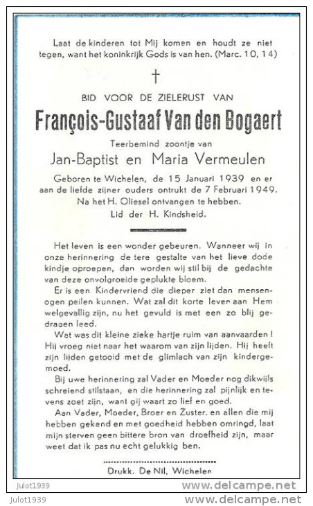 WICHELEN , 1939 . 1949 . François VAN DEN BOGAERT . Zoontje Van Jan - Baptist En Maria VERMEULEN . - Wichelen