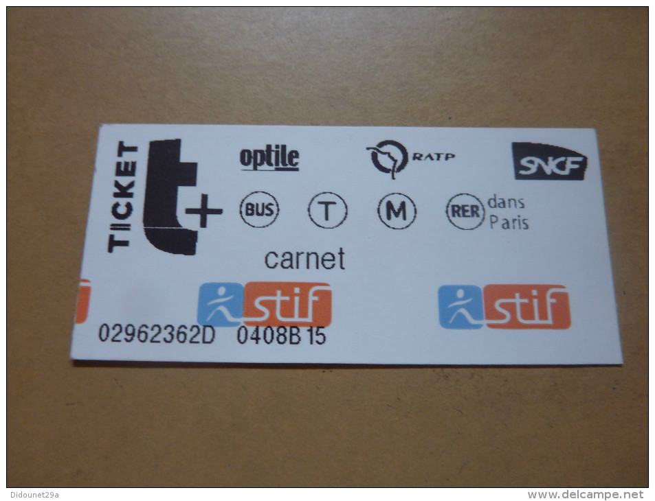 Ticket De Transport (métro, Bus, Train, Tramway) Stif PARIS(75) "carnet" (type3) - Europe