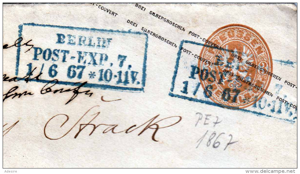 (3 Scans) PREUSSEN 1867 - 3 Silbergroschen Ganzsache Auf Siegel-Brief, Stempel Berlin Post-Exp.7., 1/6 67*10-11V Gel ... - Postal  Stationery