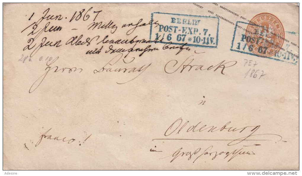 (3 Scans) PREUSSEN 1867 - 3 Silbergroschen Ganzsache Auf Siegel-Brief, Stempel Berlin Post-Exp.7., 1/6 67*10-11V Gel ... - Postwaardestukken