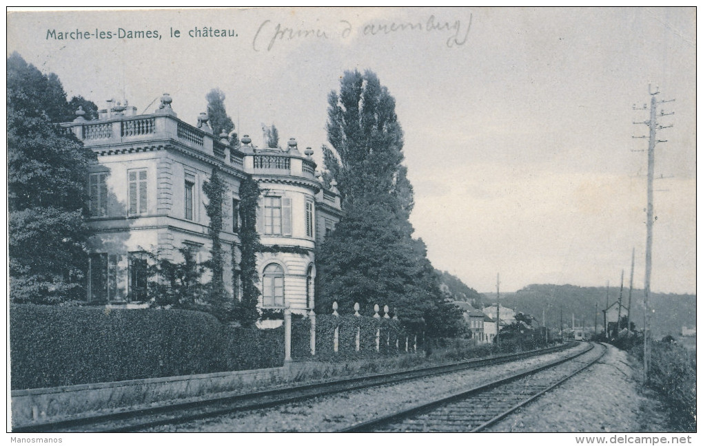 607/22 - Carte-Vue MARCHE Les DAMES - Chateau Et Ligne Chemin De Fer - TP Armoiries LIEGE-ERQUELINNES 2 En 1906 - Andere & Zonder Classificatie