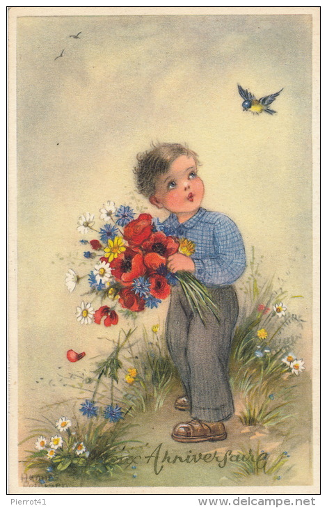 ENFANTS - Jolie Carte Fantaisie Petits Garçon Mésange Et Fleurs "Heureux Anniversaire " Signée HANNES PETERSEN - Petersen, Hannes