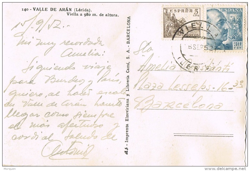 9757. Postal  VIELLA (Gerona) 1952. Vista De La Poblacion - Cartas & Documentos