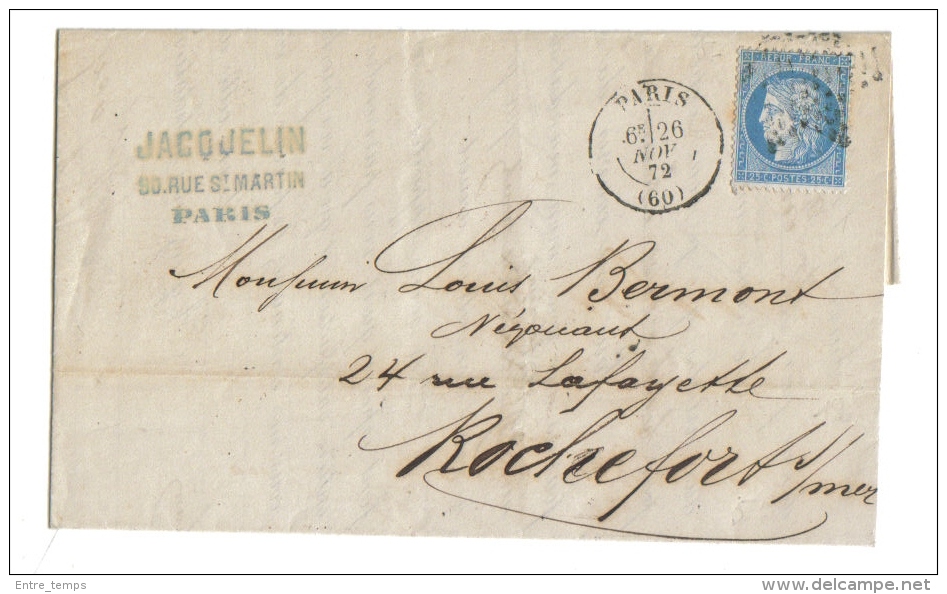 Lettre Jacquelin Confiserie Chocolatier Paris Oblitérée Convoyeur Paris à La Rochelle - Collections