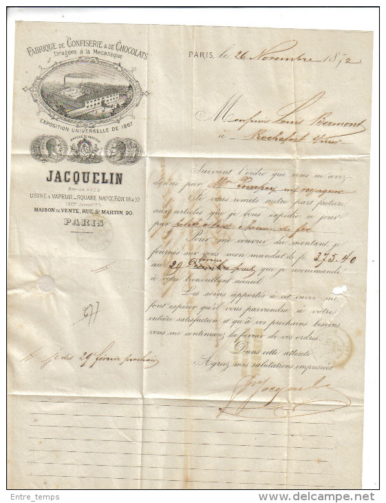 Lettre Jacquelin Confiserie Chocolatier Paris Oblitérée Convoyeur Paris à La Rochelle - Collections