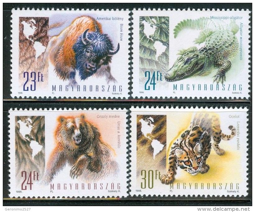 HUNGARY 1998 FAUNA American Animals BYSON ALIGATOR JAGUAR GRIZZLY BEAR - Fine Set MNH - Nuevos