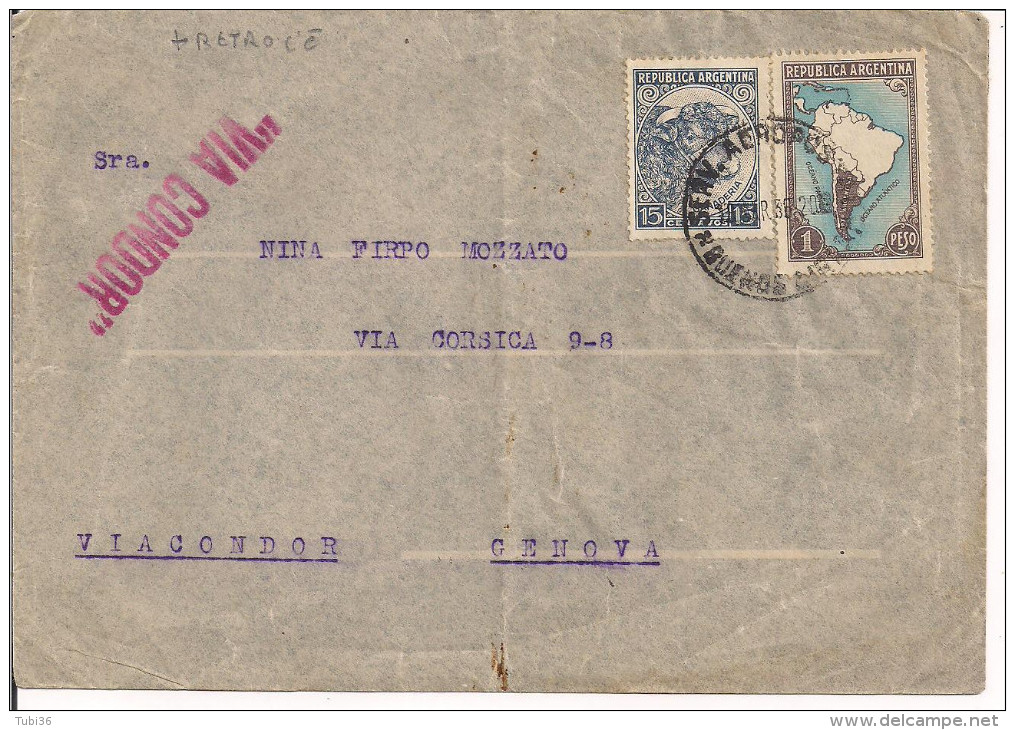 STORIA POSTALE, LETTERA ARGENTINA /GENOVA, 1936, VIA AEREA CONDOR, TIMBRO POSTE BUENOS AIRES SERV. AEROPOSTALI, GENOVA - Storia Postale