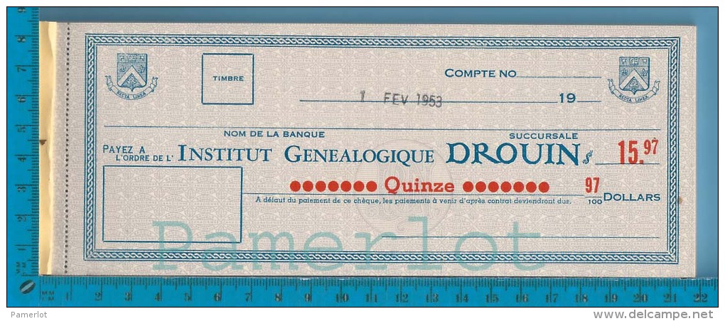 Genealogie Drouin ( Livret De Cheques Pré-signé De 36 Cheques De $15.97 Pour Arbre Généalogique 1951total $574) 2 Scan - Schecks  Und Reiseschecks