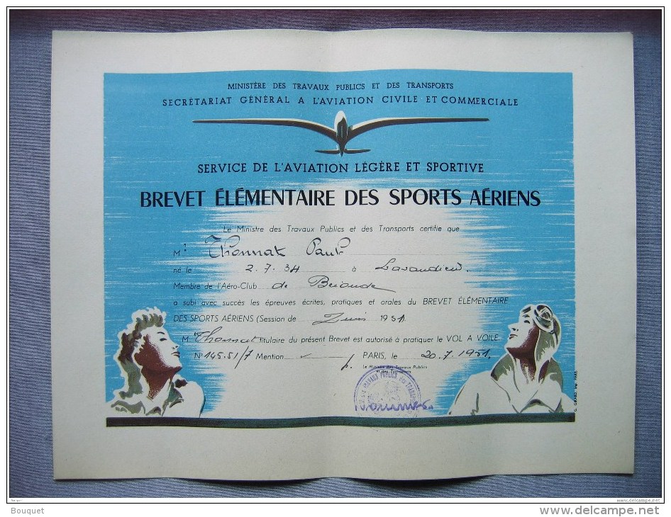 HAUTE LOIRE - AERO CLUB BRIOUDE - BREVET ELEMENTAIRE SPORTS AERIENS - VOL A VOILE - MR PAUL THONNAT - 1951 - Autres & Non Classés