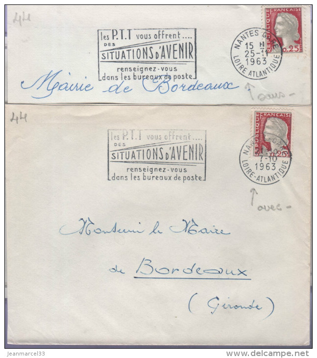 2 Lettres Nantes Gare 1963 Flamme  =o " La Même Flamme  Avec 2 Cachet Différents Avec Ou Sans - Dans La Couronne - Brieven En Documenten