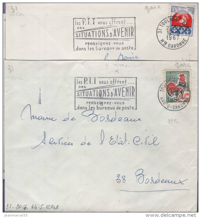 2 Lettres Toulouse-gare 1965 Et 67  Flamme  =o " La Même Flamme  Avec 2 Cachet Différents Codé Ou Non Hte Ou Haute - Brieven En Documenten