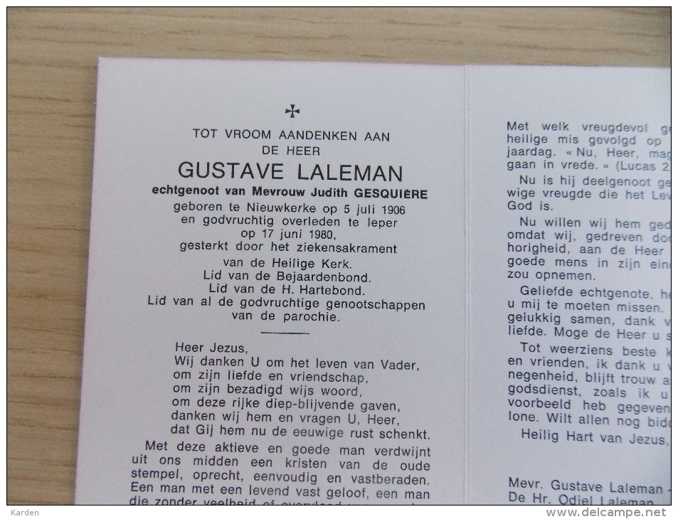 Doodsprentje Gustave Laleman Nieuwkerke 5/7/1906 Ieper 17/6/1980 ( Judith Gesquière ) - Religion & Esotérisme