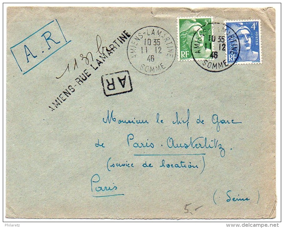 4f + 5f Gandon Sur Lettre Recommandée Provisoire D'Amiens (Somme) De 1946 - 1921-1960: Modern Period