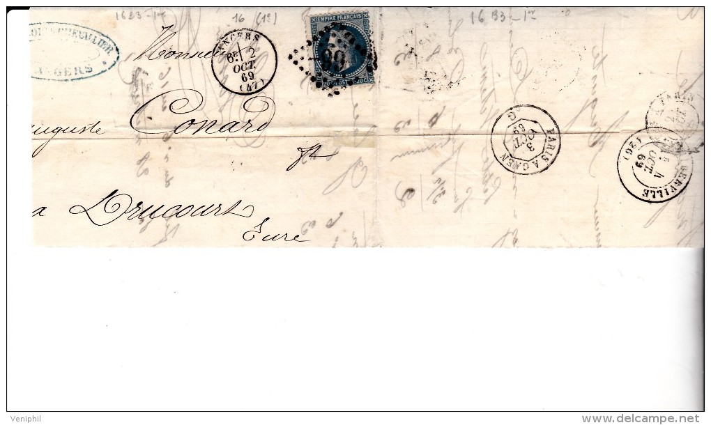 FRAGMENT AFFRANCHI N°29 - OBLITERATION LOSANGE GROS CHIFFRES-   -99 - ANGERS - 1863-1870 Napoleon III With Laurels