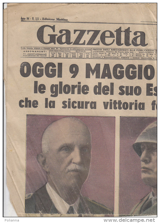 RA#43#30 Giornale GAZZETTA DEL POPOLO 9 Maggio 1941/GUERRA : GLORIE ESERCITO ITALIANO VITT.EM - MUSSOLINI - DUCA D'AOSTA - Italien