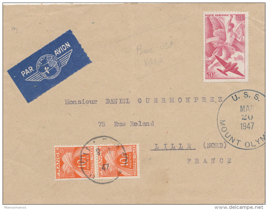 671/22 - Lettre TP AVION FRANCE 1947 Vers LILLE , Taxée 20 Francs - Postée Sur Bateau USS Mount Olympus - Expéditions Antarctiques