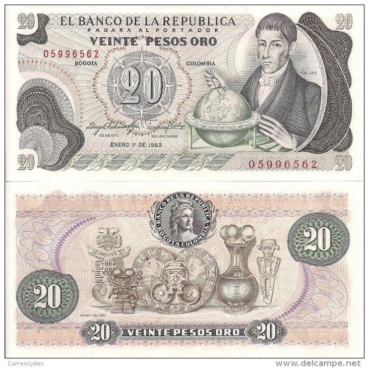 Colombia P409d, 20 Peso, Francisco José De Caldas / Gold Museum $5CV - Kolumbien