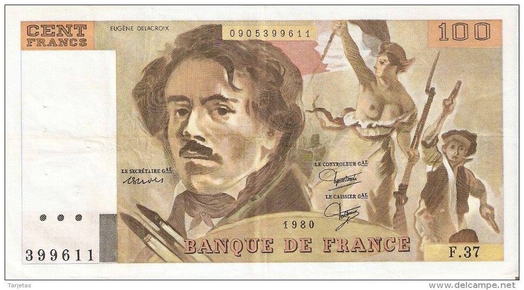 BILLETE DE FRANCIA DE 100 FRANCOS DEL AÑO 1980 DE DELACROIX SERIE F (BANKNOTE) - 100 F 1978-1995 ''Delacroix''