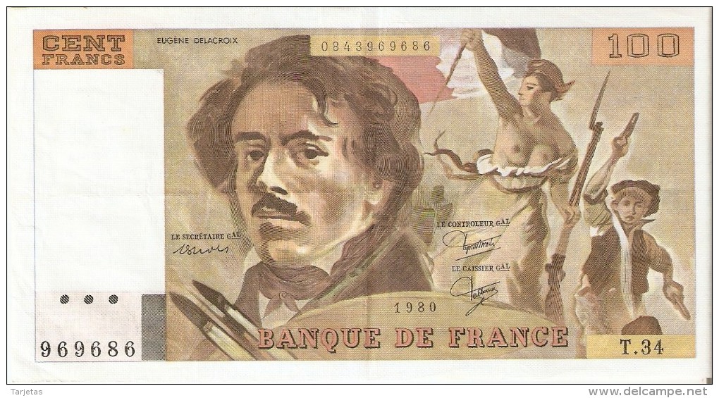 BILLETE DE FRANCIA DE 100 FRANCOS DEL AÑO 1980 DE DELACROIX SERIE T (BANKNOTE) - 100 F 1978-1995 ''Delacroix''