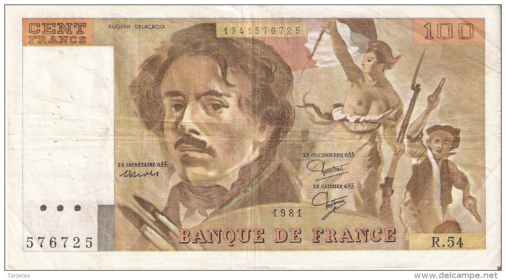 BILLETE DE FRANCIA DE 100 FRANCOS DEL AÑO 1981 DE DELACROIX SERIE R (BANKNOTE) - 100 F 1978-1995 ''Delacroix''