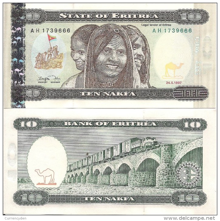 Eritrea P3, 10 Nafka, 1997, 3 Woman, Camel, Women / Truck, Viaduct, $7+CV - Erythrée