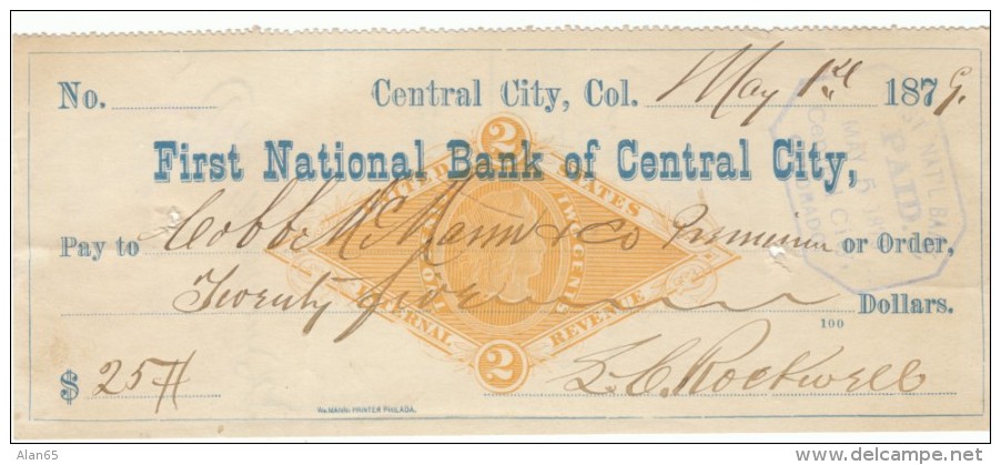 Central City Colorado, First National Bank Of Central City 1879 Check $25 Paid To Cobb McMann &amp; Company - Cheques & Traveler's Cheques