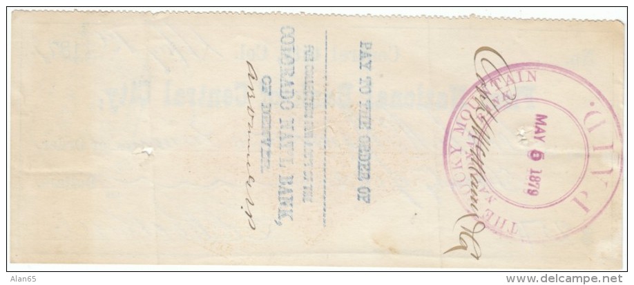 Central City Colorado, First National Bank Of Central City 1879 Check $25 Paid To Cobb McMann &amp; Company - Cheques & Traveler's Cheques