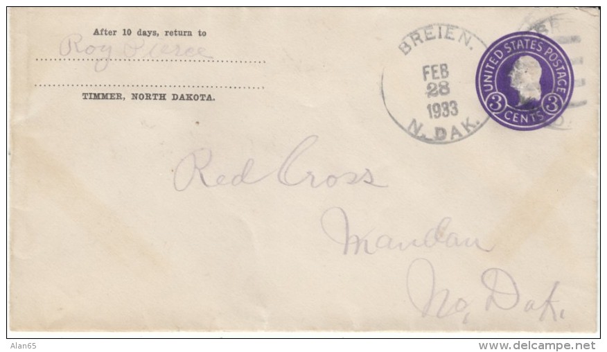#U436e 3-cent Entire Postal Stationery Cover Breien North Dakota 1930s Cover - 1921-40