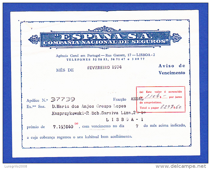 ESPAÑA, S.A. - COMPAÑIA NACIONAL DE SEGUROS - RUA GARRETT, 17 LISBOA -- AVISO DE VENCIMENTO - Portugal