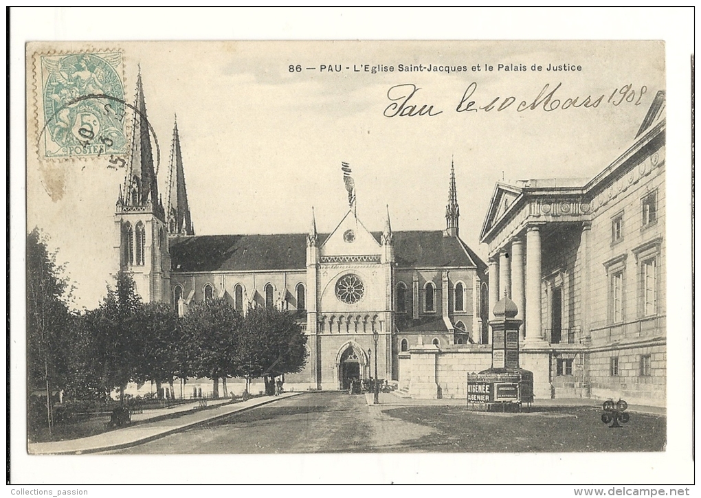 Cp, 64, Pau, L'Eglise St-Jacques Et Le Palais De Justice, Voyagée - Pau