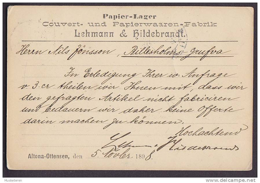 Deutsche Reichpost PAPIER-LAGER LEHMANN & HILDEBRANDT, ALTONA 1898 Postkarte To BILLESHOLM Sweden (2 Scans) - Covers & Documents