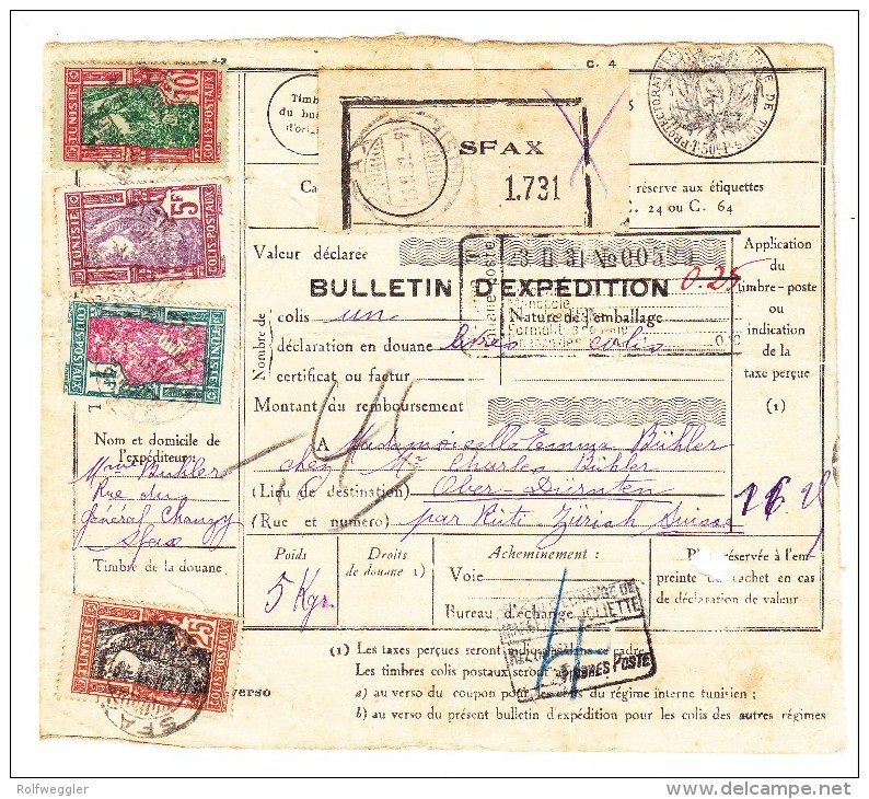 Paketkarte 13.11.1931 Sfax Auf Paketmarken Nach Genf Zoll Genève - Lettres & Documents