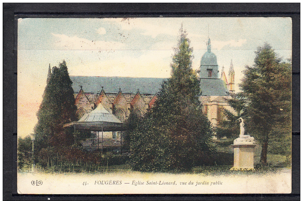 FRANCE 35.CPA.(I-et-V).FOUGÈRES .EGLISE ST.-LEONARD.VUE DU JARDIN PUBLIC CIRCULÉE  1917 AVEC FRANCHISE MILITAIRE - Fougeres