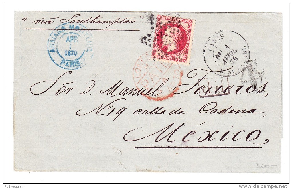 Briefhülle  Paris 1.4.1870 Nach Mexico Transit Stempel London E.F. 80 C Empire Lauré - 1849-1876: Période Classique