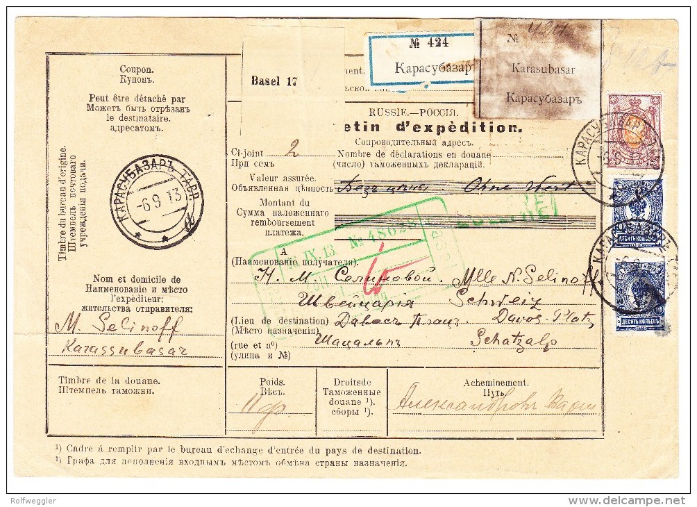 Paketkarte Russland 6-9-1913 Nach Davos-Platz CH Grüner Zoll-Stempel Basel + Zollfrei - Lettres & Documents