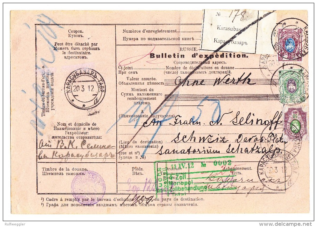 R-Paketkarte 20.3.1912 KARASUBASAR (KRIM) Nach Davos Mit Grüner Zoll Stempel Buchs - Lettres & Documents