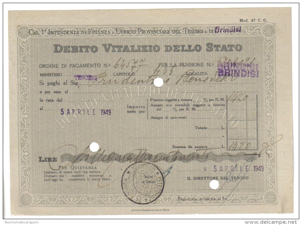 Debito Vitalizio Dello Stato Brindisi 1949 Asta 422 - Altri & Non Classificati